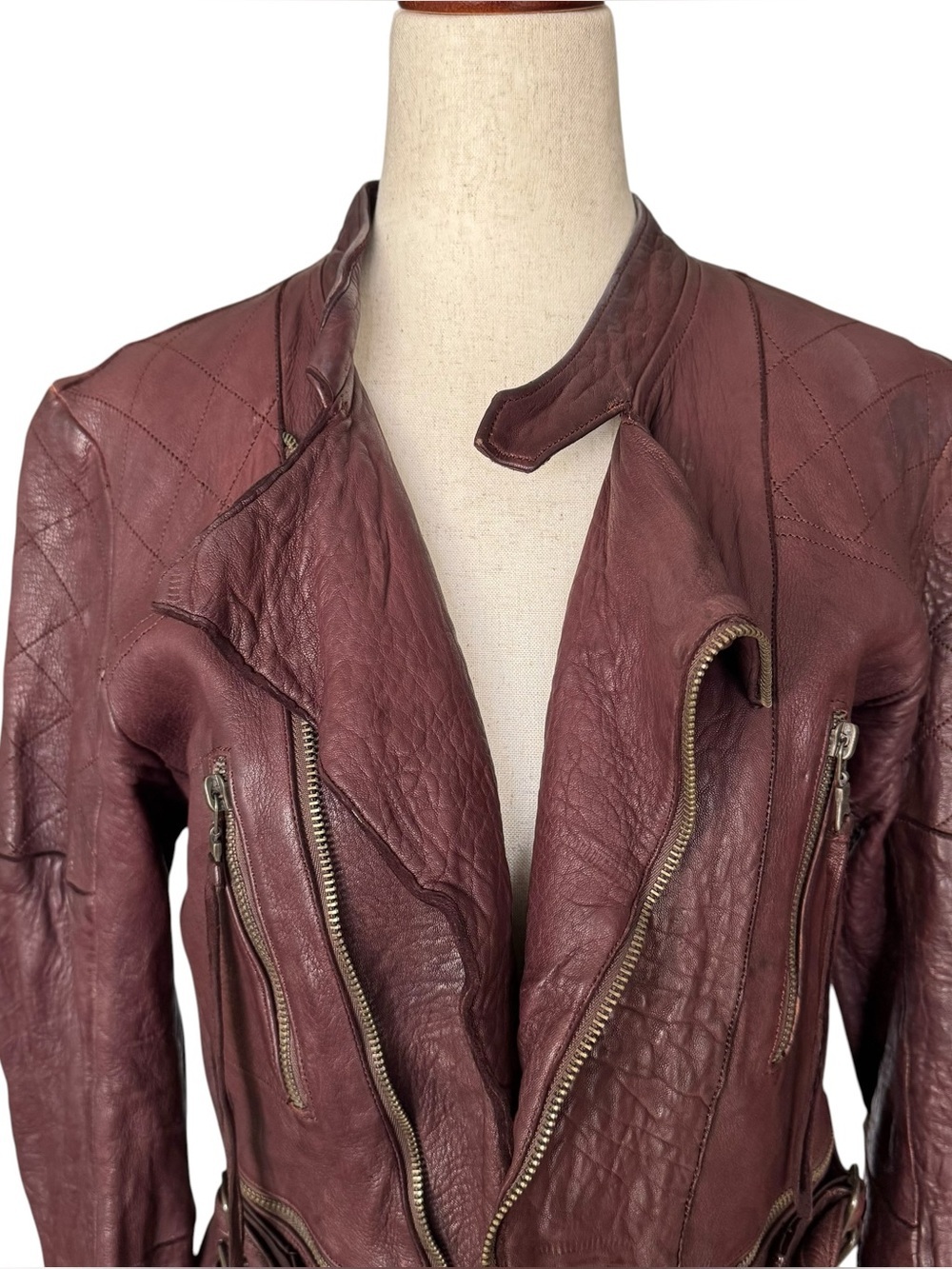 Vintage y2k Christian Peau Burgundy Goat Leather Moto Jacket sz 38 - Picture 2 of 16